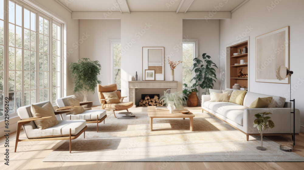 an open and airy living room with a beige couch and two matching armchairs and a large area rug - obrazy, fototapety, plakaty 