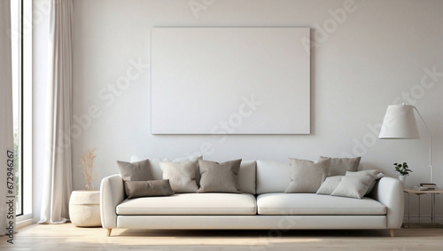 Bellissimo soggiorno con divano con colori naturali ed eleganti e cornice vuota sul muro © Wabisabi