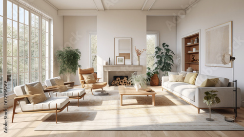 an open and airy living room with a beige couch and two matching armchairs and a large area rug