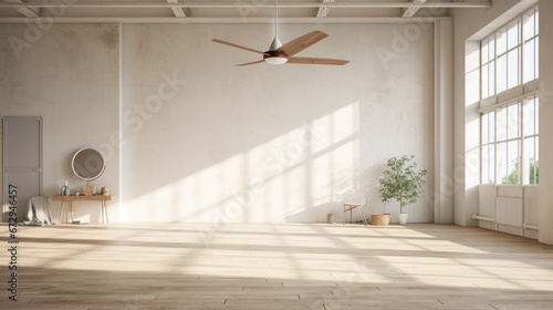an open room with a light wooden floor and white walls and a large ceiling fan above photo