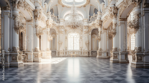 an ornate room with a marble floor and white walls and chandelier hanging from the ceiling photo