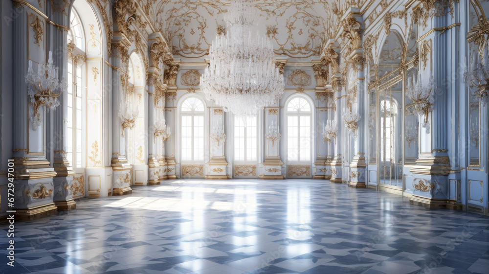 an ornate room with a marble floor and white walls and chandelier hanging from the ceiling