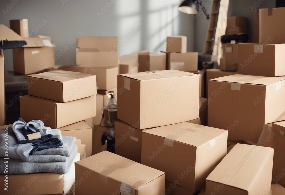 Move concept Cardboard boxes and cleaning things for moving into a new home Cardboard boxes background Move concept Cardboard boxes and cleaning things for moving into a new home Cardboard boxes background