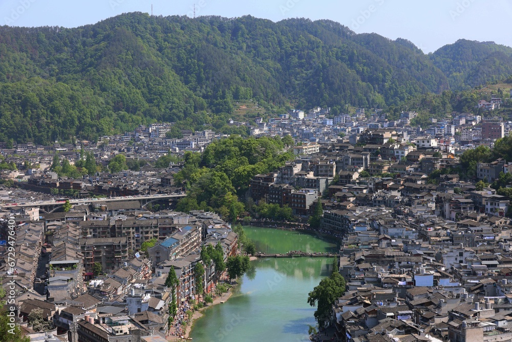 Aerial shot of Fenghuang County or Phoenix Ancient Town, Hunan Province, China.