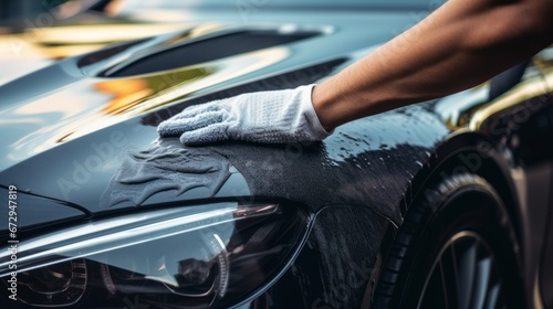 A man cleaning car with microfiber cloth, car concept