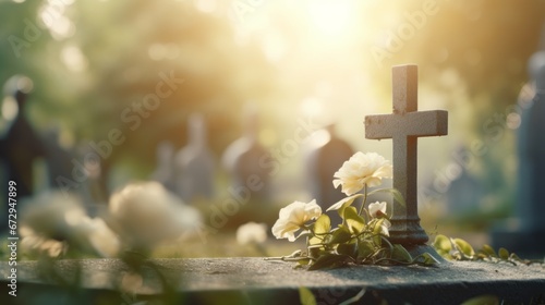 A solemn Catholic cemetery with a grave marker and cross engraved on it, set against a softly blurred background. Funeral concept