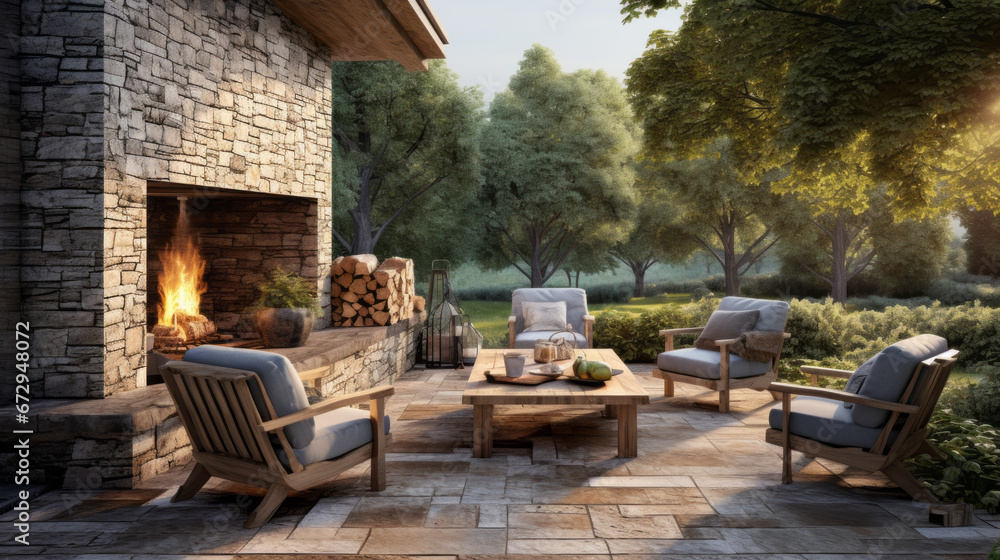 an outdoor patio with a wooden deck and a stone fireplace and a seating area - obrazy, fototapety, plakaty 