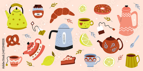 Vector set of tea party elements. Teapot, cup, donut, croissant, kettle.  Cute collection of hand drawn teapots and cups. Objects on isolated background. Doodle style. Banner, poster.