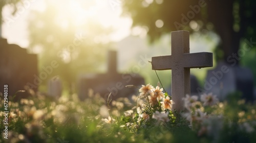 A solemn Catholic cemetery with a grave marker and cross engraved on it, set against a softly blurred background. Funeral concept photo