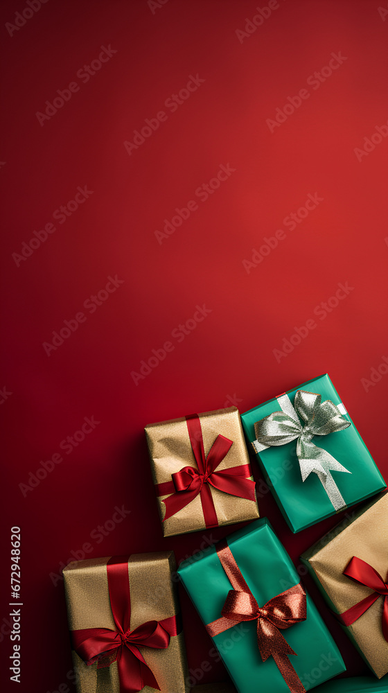 Green and red gift boxes on red background. Top view of christmas gift with space. Green and red gift boxes on red background. Top view of christmas gift with space.