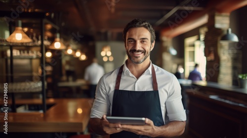 Small business restaurant owner looking at the camera. joyful waiter holding a tablet with his both hands. photo