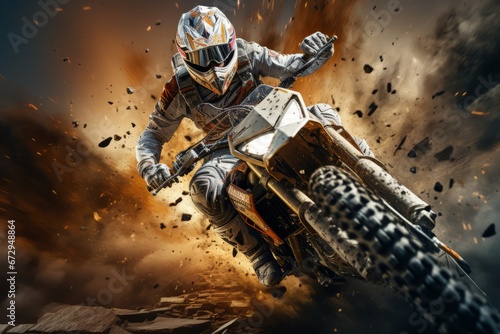 motocross, motorcyclist wrapped in debris during a motocross race. action shot. The motocross rider creates a huge cloud of dust and debris