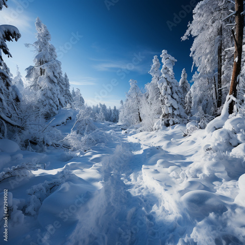 Heavy huge snow road through beautiful frozen forest with snow. AI Generative
