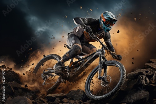 athletic man brakes while riding bike down a gravel track. Cinematic shot of rocks flying as mountain cyclist rides down hill