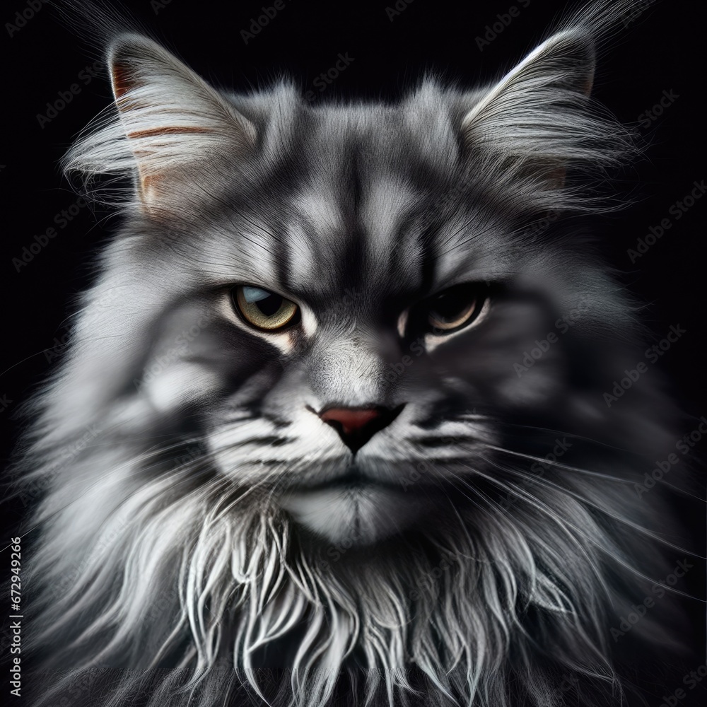 Close-up Portrait of Angry Gray Maine Coon Cat Grumpy Looking in Camera Isolated on Black Background, Front view