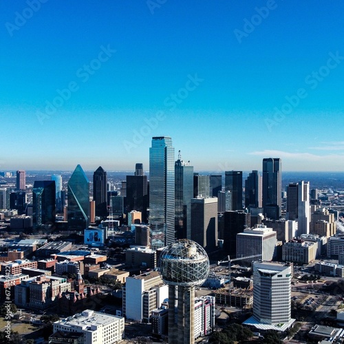 Aerial view of the cityscape of Dallas  Texas on a sunny day