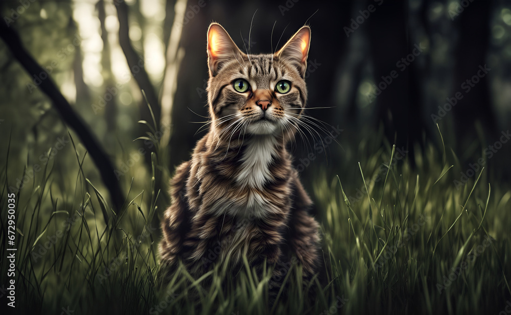 cat on the grass in forest