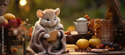 In the bare autumn garden there sits a rocking chair made of wicker topped with a knitted blanket a book and a plushy mouse toy