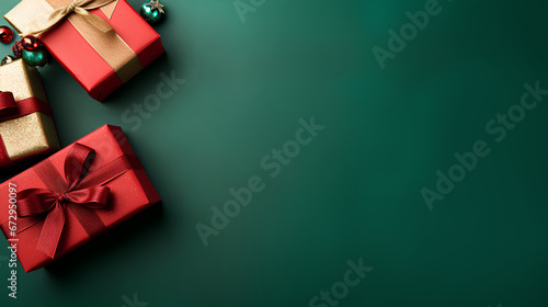 Green and red gift boxes on green background. Top view of christmas gift with space.