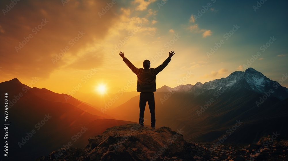 Silhouette of a successful man raising his hands up, on the top of the mountain. Celebrating success, winner, and leader concept.