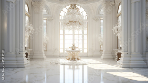 an elegant entryway with white walls and a marble floor and a large crystal chandelier © Textures & Patterns