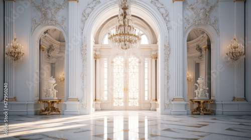 an elegant entryway with white walls and a marble floor and a large crystal chandelier