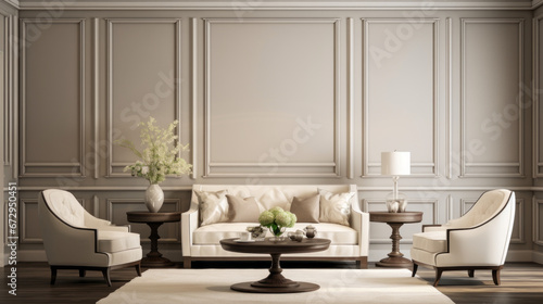 room has a classic and elegant feel the walls are a soft beige and with white crown molding along the top The floor is a dark hardwood and with a glossy finish