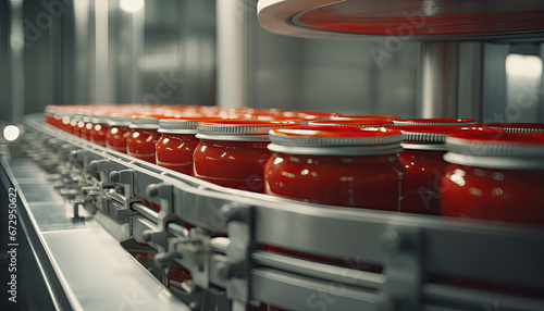 Scene of canning of tomato paste. Modern production line tech conveyor row.