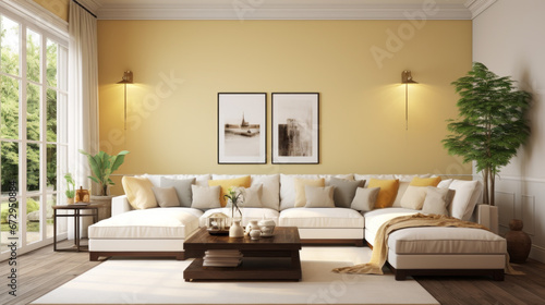 room has a contemporary feel The walls are a pale yellow and with white crown molding along the top The floor is a dark hardwood and with a glossy finish A white sectional sofa sits against wall © Textures & Patterns