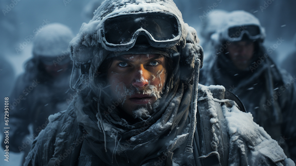 Portrait of man soldier, action battle army in winter . Great explosion with fire and smoke billows on the snow. AI generative