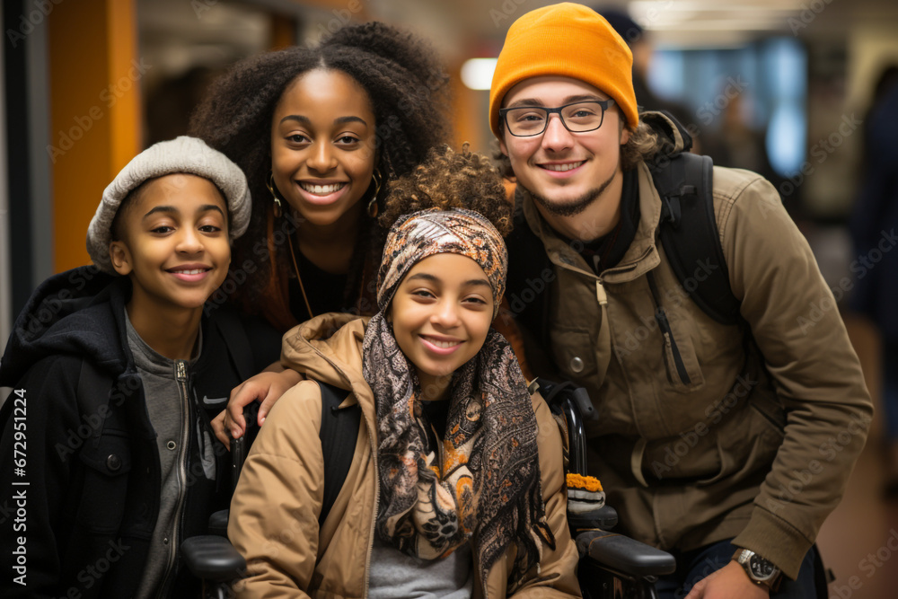A diverse group of students support their friend with disability in a wheelchair in the hallway of a modern school A diverse group of students support their friend with disability in a wheelchair in the hallway of a modern school