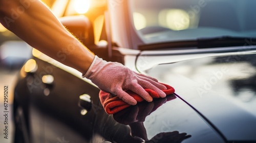 A man cleaning car with microfiber cloth, car concept