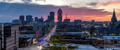 Panoramic sunset over the Des Moines skyline