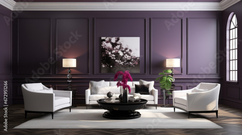 room has a modern and stylish feel the walls are a deep purple and with white crown molding along the top The floor is a dark hardwood and with a glossy finish A white sofa sits against one wall