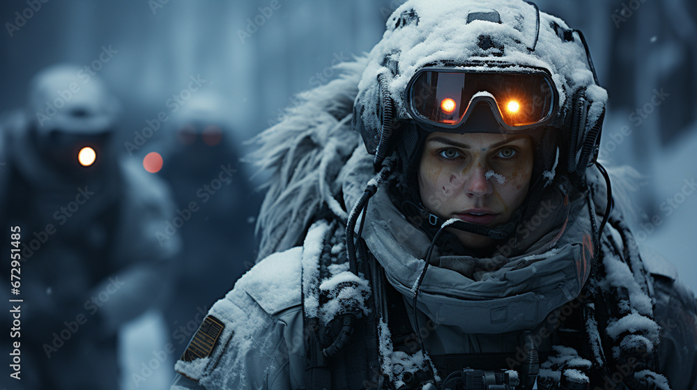 Action battle army soldier in winter. Great explosion with fire and smoke billows on the snow. AI Generative. Action battle army soldier in winter. Great explosion with fire and smoke billows on the snow. AI Generative.