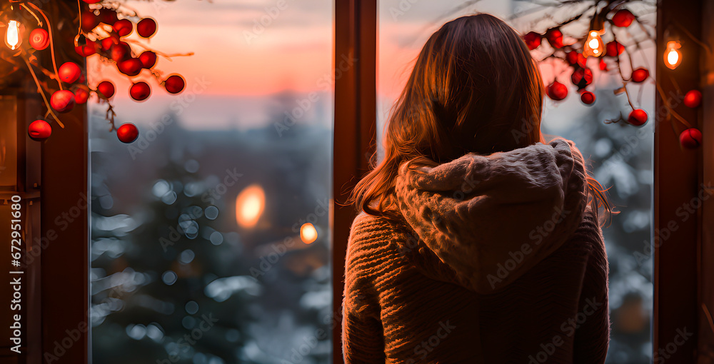 A woman looking out a window at Christmas time - obrazy, fototapety, plakaty 