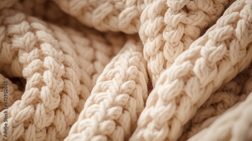 Handcrafted knitted fabrick, bage background, close-up shot Handcrafted knitted fabrick, bage background, close-up shot