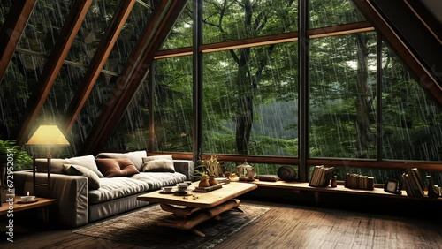 Rustic wooden cabin, with large windows that allow you to see the forest landscape in a rainy day photo