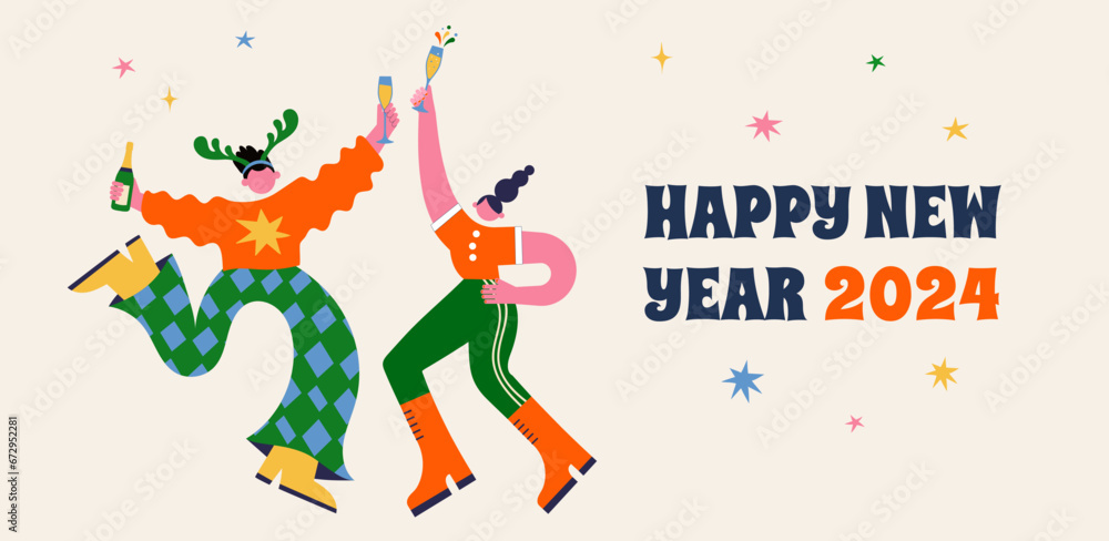 Fun Merry Christmas and Happy New Year banner, Christmas background and card with groovy, hippie bizarre disproportionate characters, wearing Santa hat, dancing, jumping and drinking champagne Fun Merry Christmas and Happy New Year banner, Christmas background and card with groovy, hippie bizarre disproportionate characters, wearing Santa hat, dancing, jumping and drinking champagne
