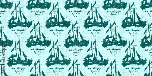 Teal green white vibrant watercolor batik azulejos tile border banner background. Seamless aqua coastal blur linen effect geometric mosaic effect.Boho Patchwork nautical masculine summer ribbon trim. 