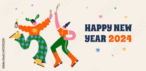 Fun Merry Christmas and Happy New Year banner, Christmas background and card with groovy, hippie bizarre disproportionate characters, wearing Santa hat, dancing, jumping and drinking champagne