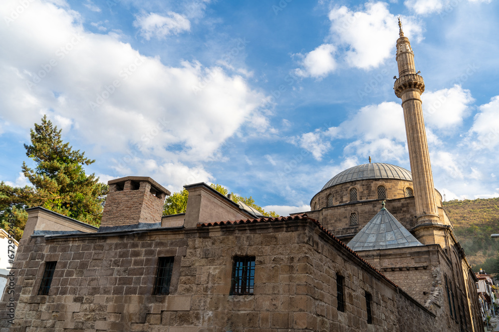 Fototapeta premium The famous historical Mosque (Mevlevi Türbe Cami) and Minaret. Afyonkarahisar, Afyon, Turkey