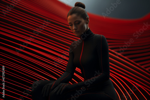 a woman in black leggings and red cropped top, in the style of streaked, womancore, dau al set, precise and sharp photo