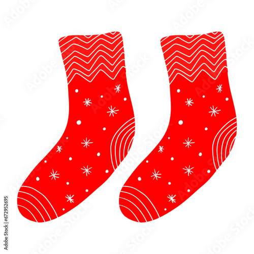 A pair of warm winter socks. Wool red clothes. Sock for man and woman. Beauty and fashion. Vector cartoon illustration isolated on white background