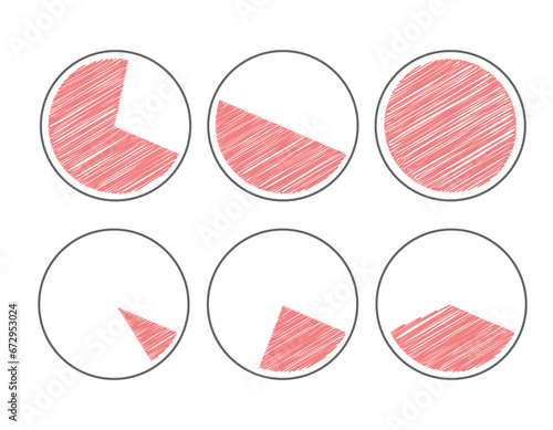 Set of round charts in doodle style. Hand drawn. Set for infographics that can be used for reports or presentations. Vector graphics