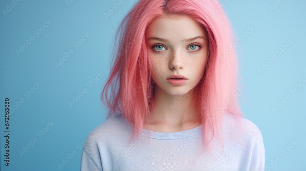 A young woman with pink hair and blue eyes. Generative AI. A young woman with pink hair and blue eyes. Generative AI.