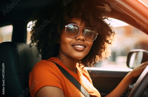 A woman wearing glasses driving a car. Generative AI. © Natalia