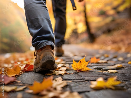 Focus on feet walking up the mountain in autumn.