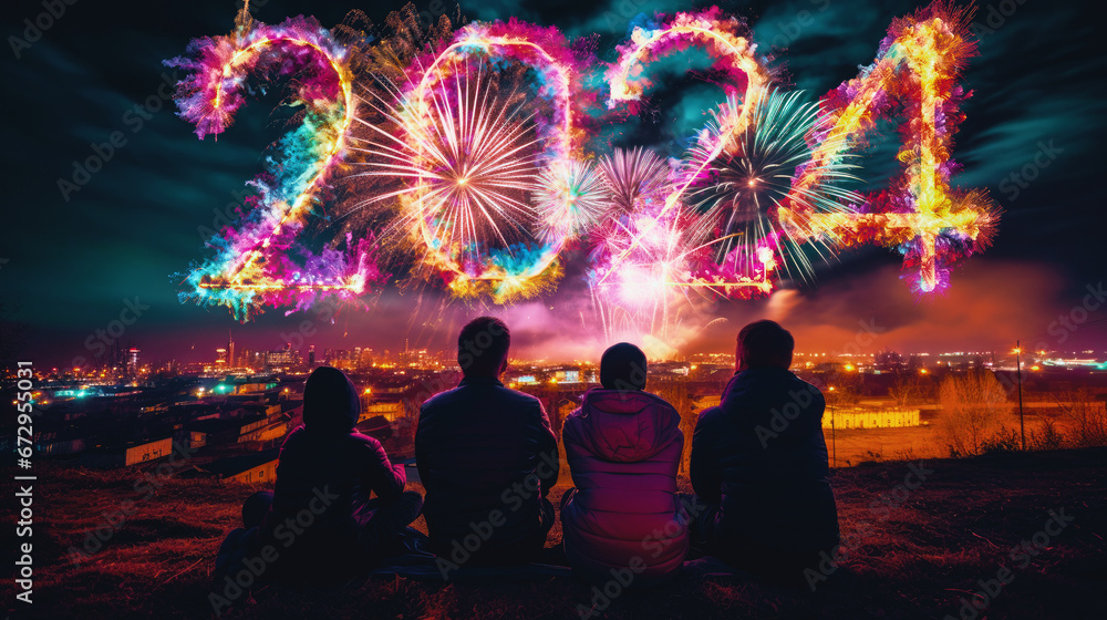 Firework explosion in the night sky celebrating happy new year 2024