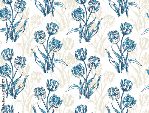 Blue tulips spring flowers, seamless vector background,Seamless vector background with tulips. Hand drawn illustration.